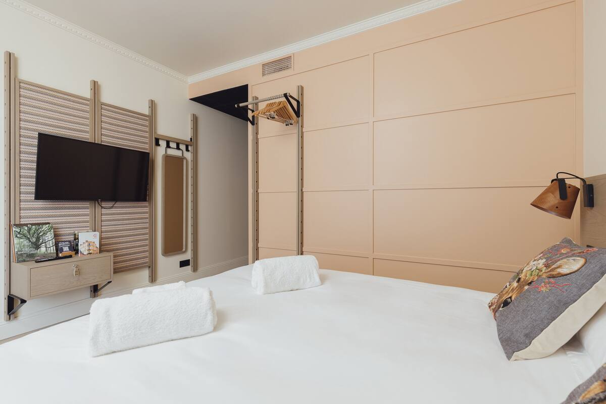 A hotel room with a bed, a TV, a mirror, a wardrobe, and a small table with a plant.