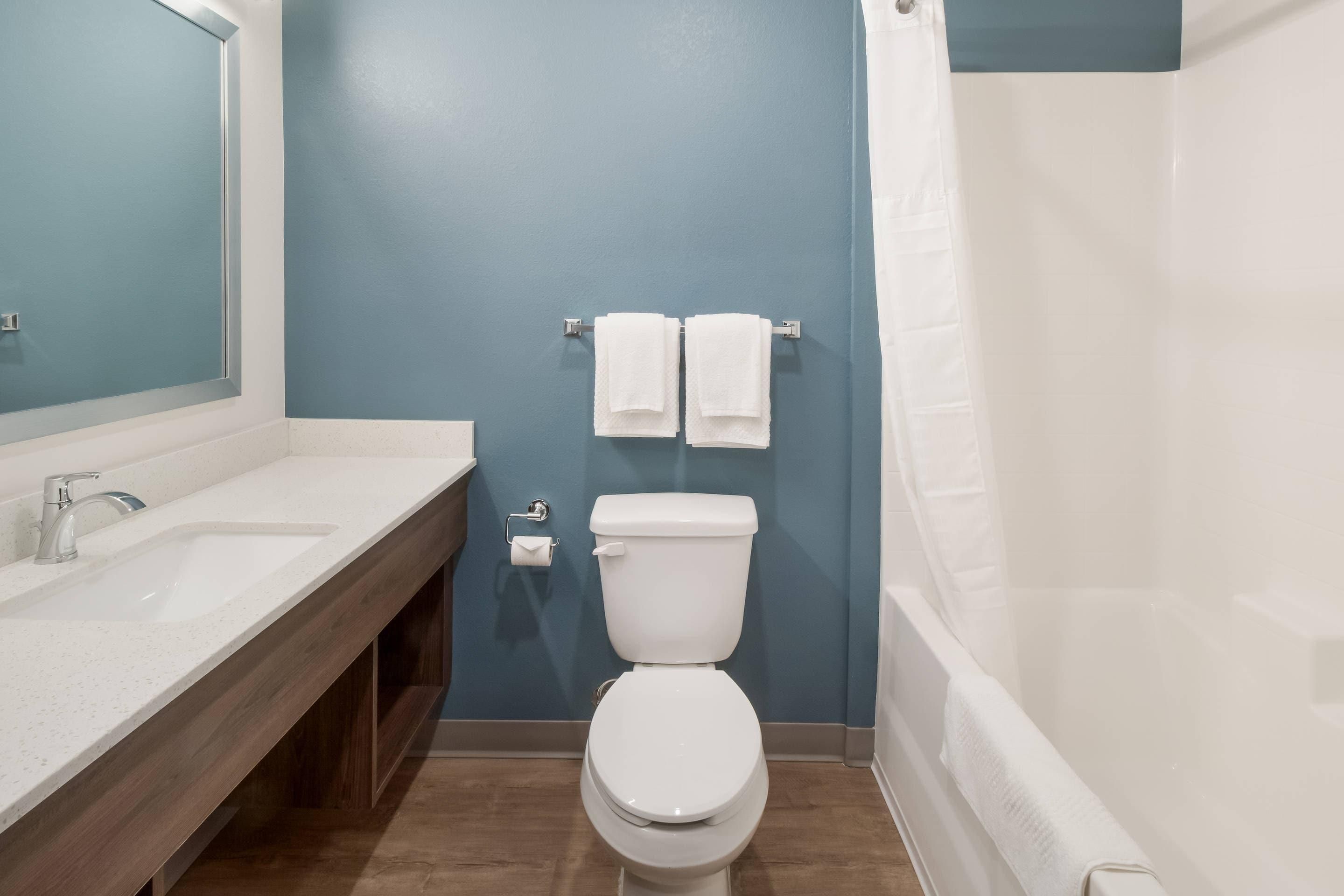 Een badkamer met een wit toilet, een wastafel en een douchegordijn.
