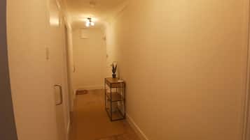 A narrow hallway with a door on the left and a small table with a plant on the right.