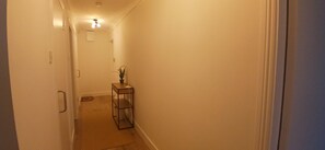 A narrow hallway with a door on the left, a small table with a plant in the center, and a light fixture on the ceiling.