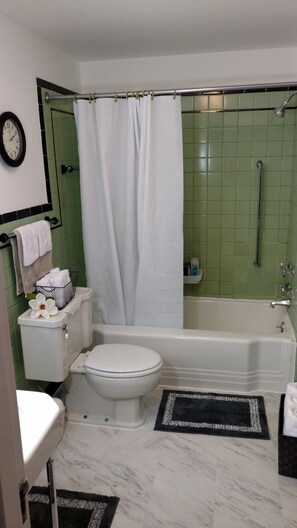 Bathtub, hair dryer, towels, soap - Cozy Farmette Easy Access Bedford PA (Bedford)