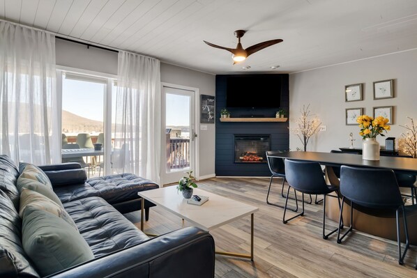 Smart TV, fireplace, DVD player, foosball