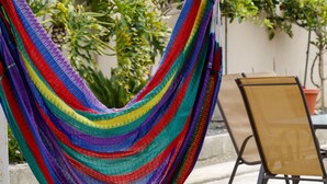 A hammock hanging between two poles with a chair and potted plants in the background. - Quality Lodging by the Sea. Lovely full size apartment w/balcony and ocean view. (Ensenada)