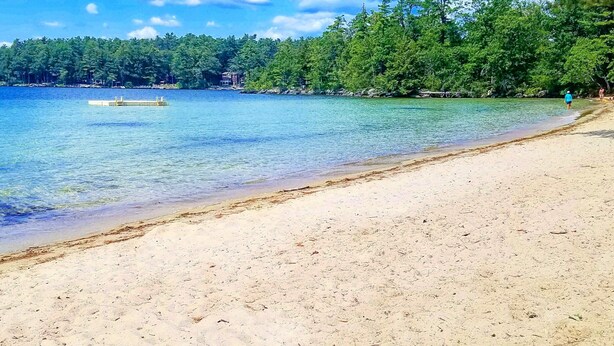 Ein Strand mit klarem Wasser, einem sandigen Ufer und einer bewaldeten Gegend im Hintergrund.