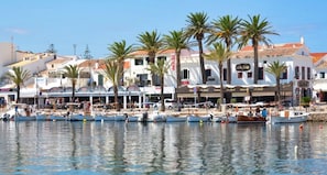 A waterfront area with boats docked, palm trees, and buildings with signage.