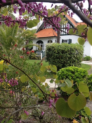 Un bâtiment blanc surmonté d’un toit recouvert de tuiles rouges, entouré d’une végétation luxuriante et de plantes en fleurs.