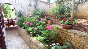 A stone pathway leading to a patio area with potted plants and a rustic wall.