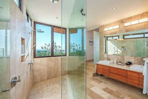 Shower, hair dryer, bidet, towels