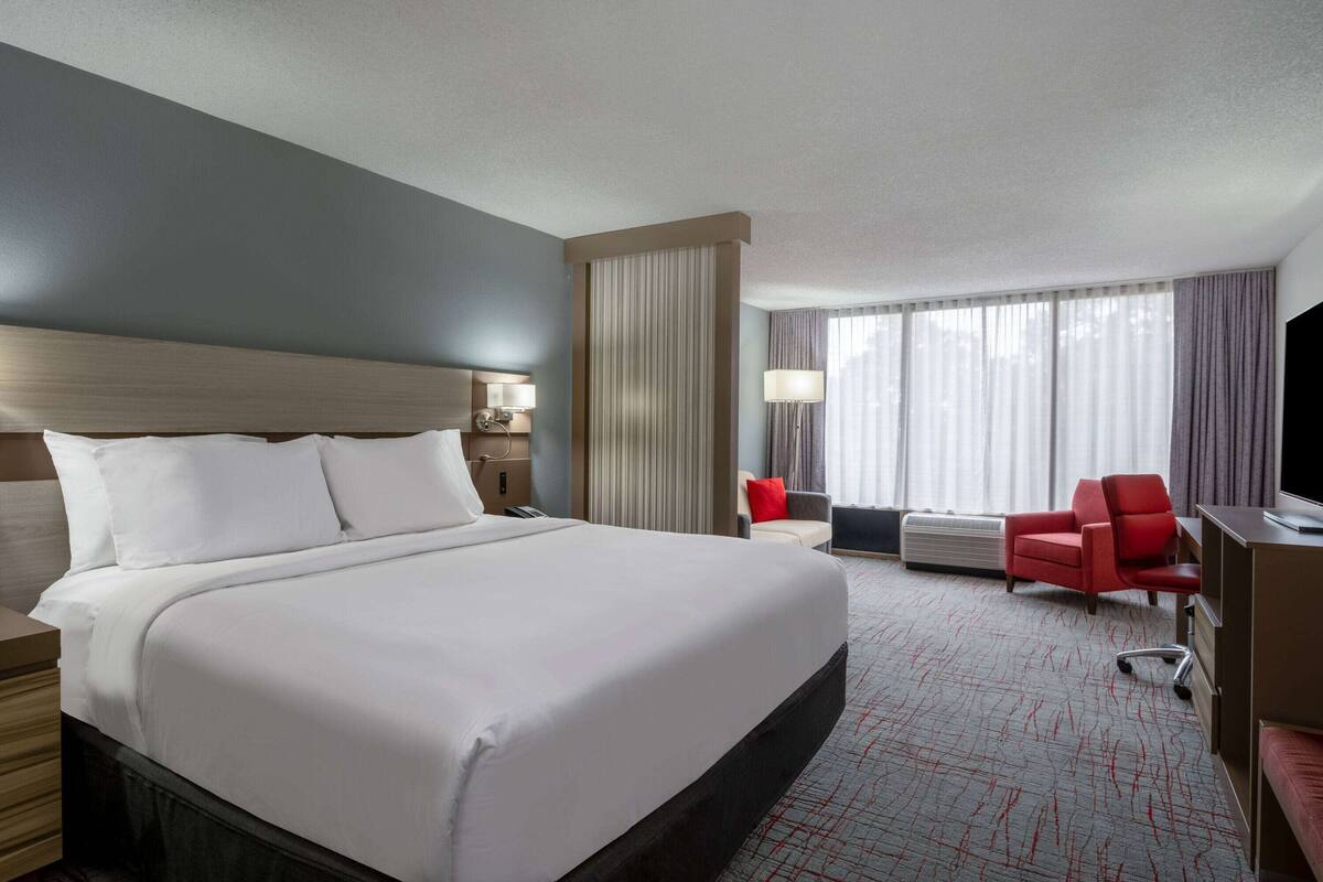 A hotel room with a large bed, a desk, a chair, and a TV.