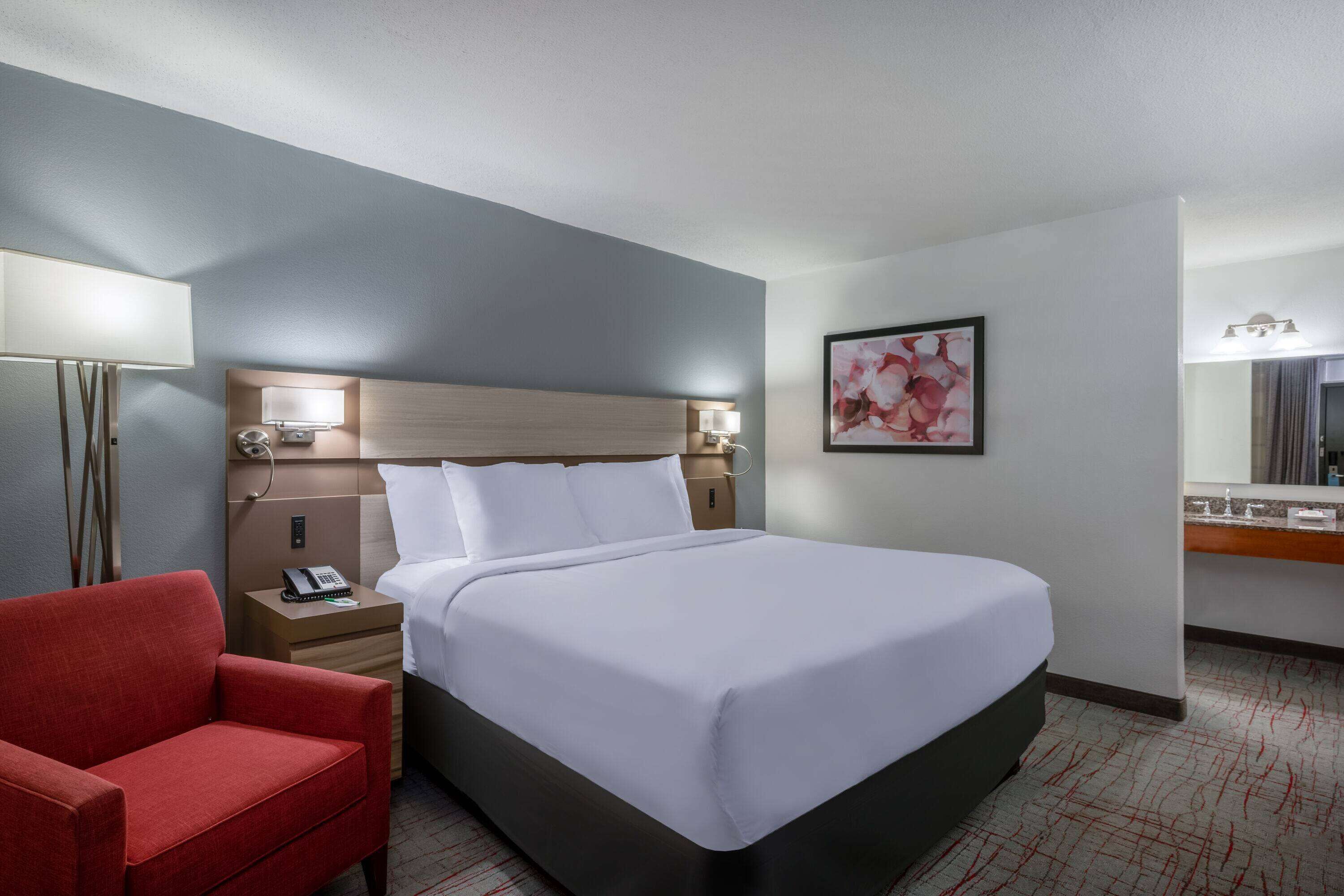 A hotel room with a large bed, a red armchair, a bedside table with a lamp, a phone, and a framed picture on the wall.