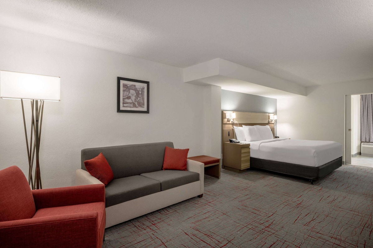 A hotel room with a grey sofa, red armchair, a bed with white bedding, a nightstand, a lamp, and a framed picture on the wall.