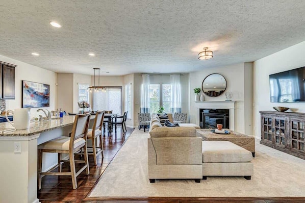TV, fireplace, video games, offices