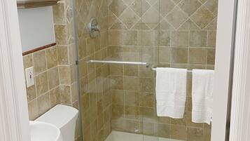 A bathroom with a glass-enclosed shower, a toilet, and a sink.