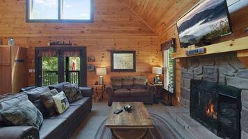 Televisie, een open haard, videospelletjes en een stereo