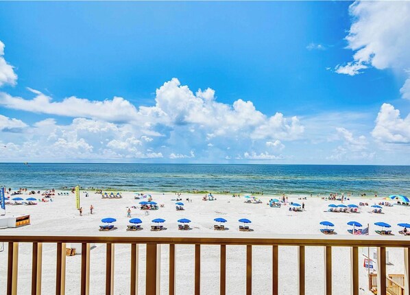 On the beach, sun loungers