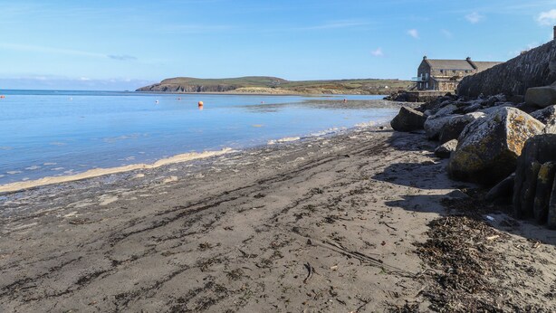 A coastal beach with a rocky shoreline, a clear blue sky, and a distant building. - Awelfa (Newport)