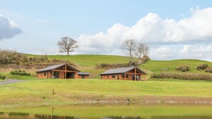 Two wooden cabins with large windows, a grassy field, and a calm pond in the foreground. - Pool View (Meifod)