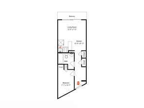Un plan d’étage d’une maison comprenant un balcon, un salon, une cuisine, une salle de bain, deux placards et une chambre.