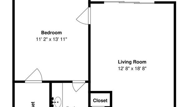 Planta baixa mostrando um quarto, sala de estar, sala de jantar, cozinha, banheiro e um closet espaçoso.