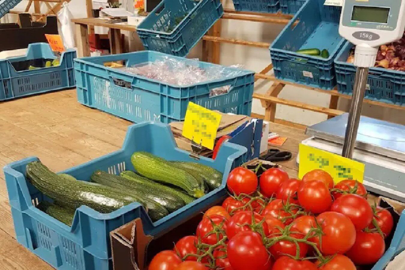 A produce section with blue crates containing cucumbers and tomatoes, a weighing scale, and price tags.