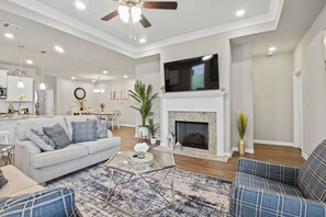 Smart TV, fireplace, books