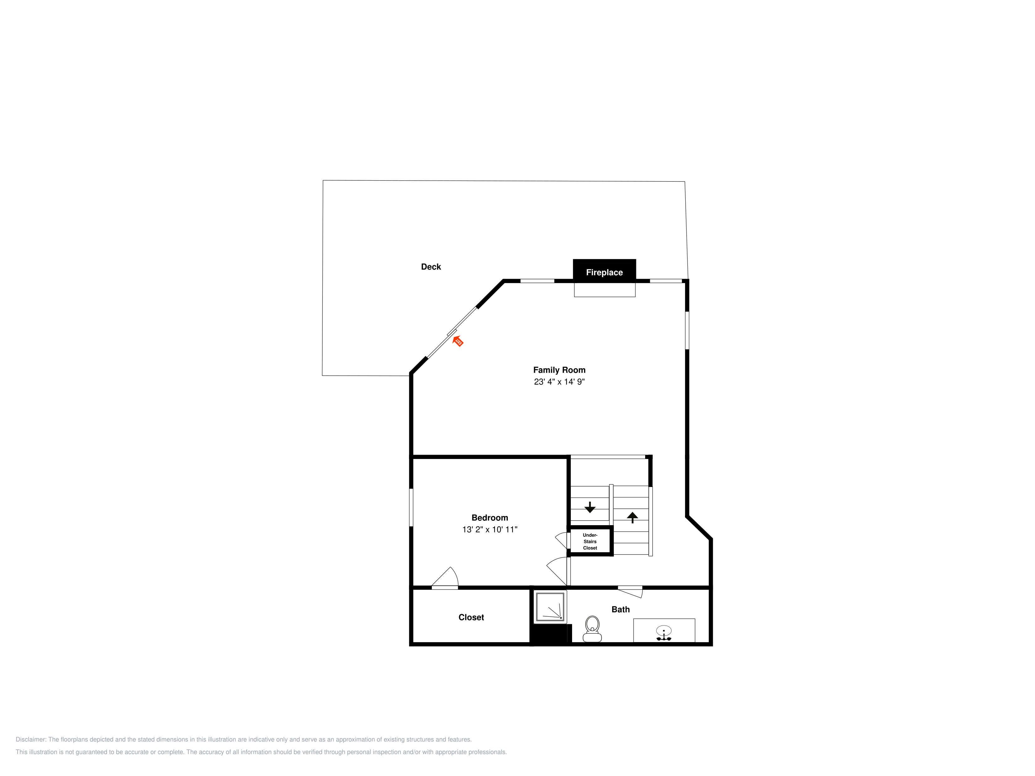 A floor plan with a deck, fireplace, family room, bedroom, closet, and bathroom.