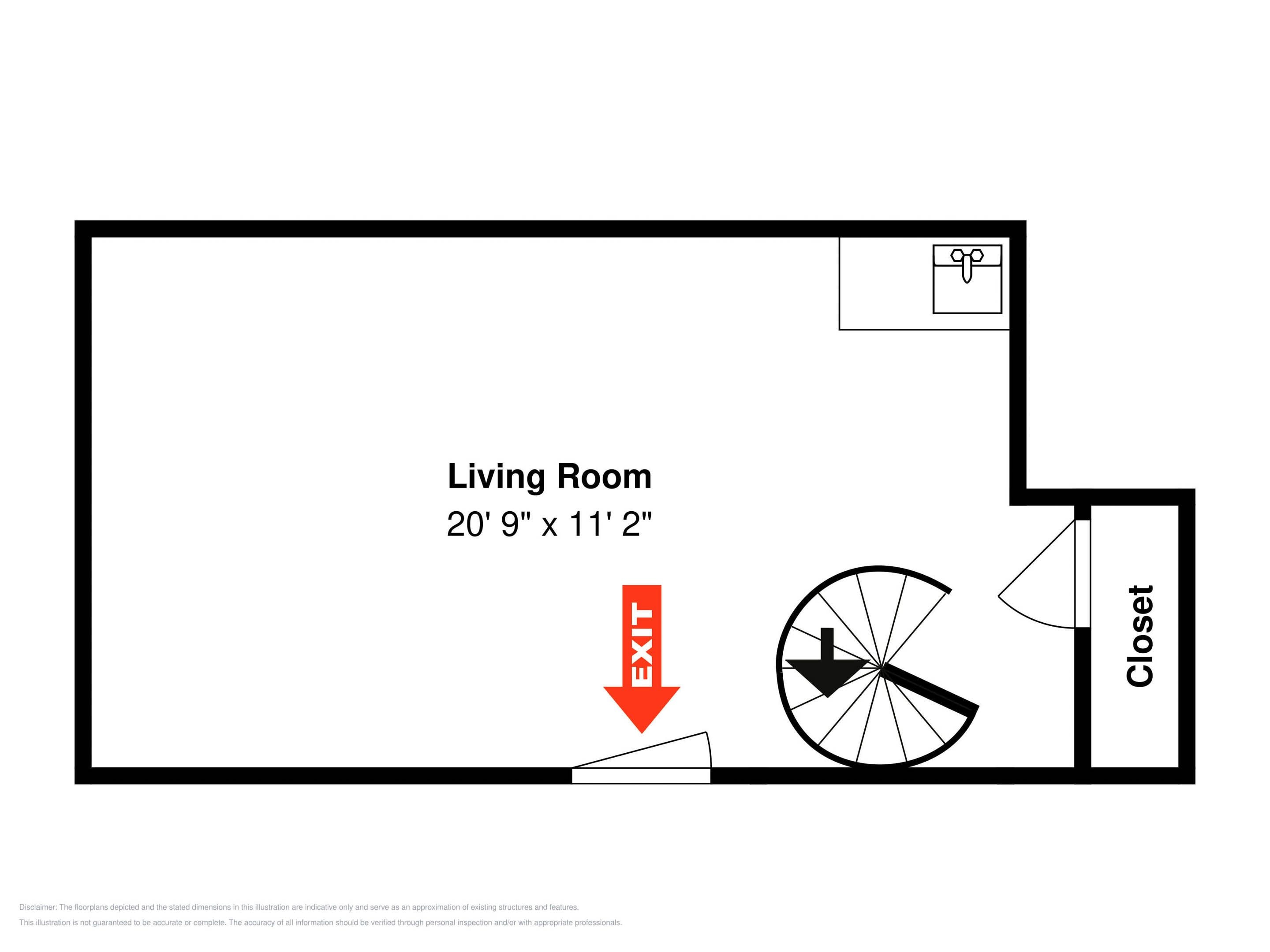A floor plan of a living room measuring 20' 9' x 11' 2' with an exit sign, a closet, and a door leading to a bathroom.