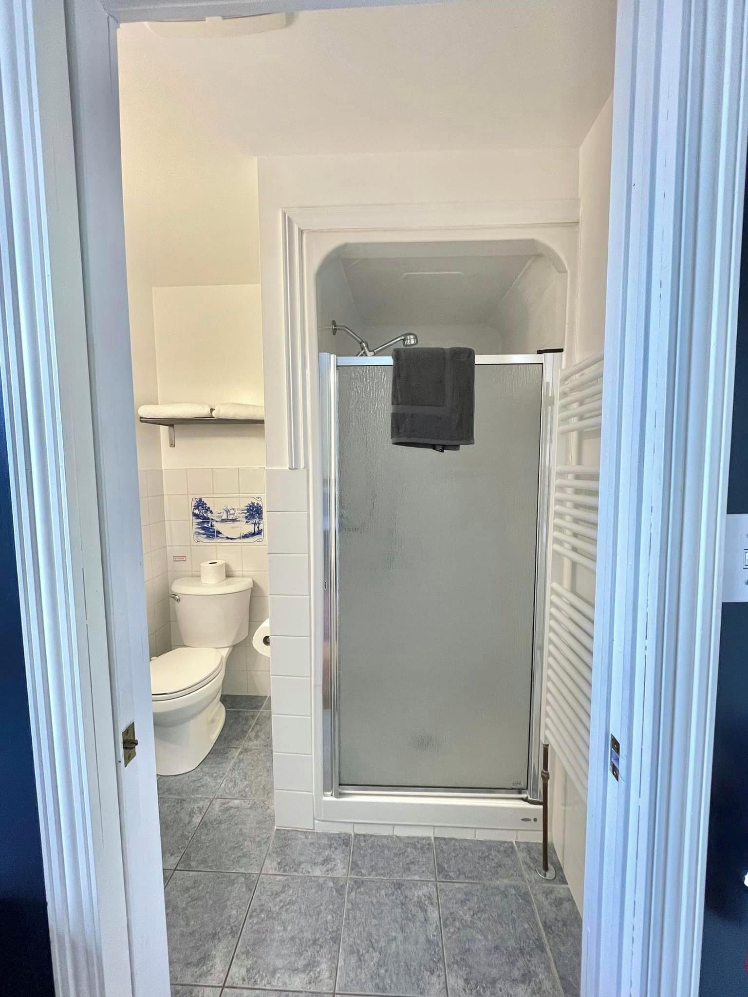 A bathroom with a toilet, a shower with a glass door, and a towel rack.