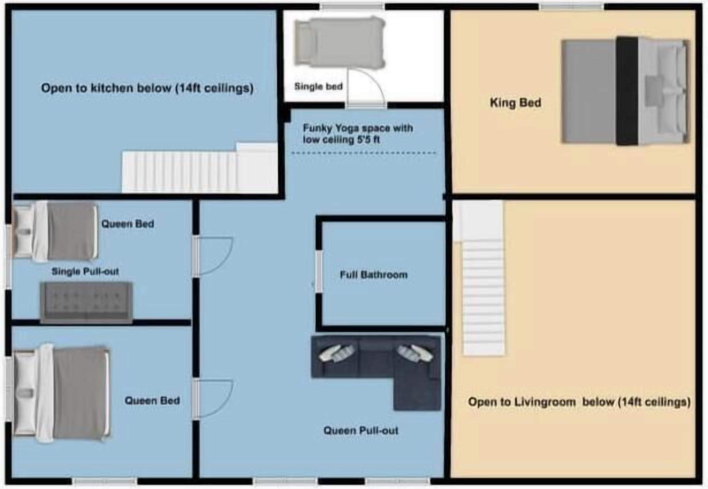 Ein Hotelzimmer mit einer Queensize-Betten, einem Einzelbett, einem Kingsize-Bett, einer Schlafcouch, einer weiteren Queensize-Schlafcouch, einem vollständigen Badezimmer und einem ausgefallenen Yogaraum.