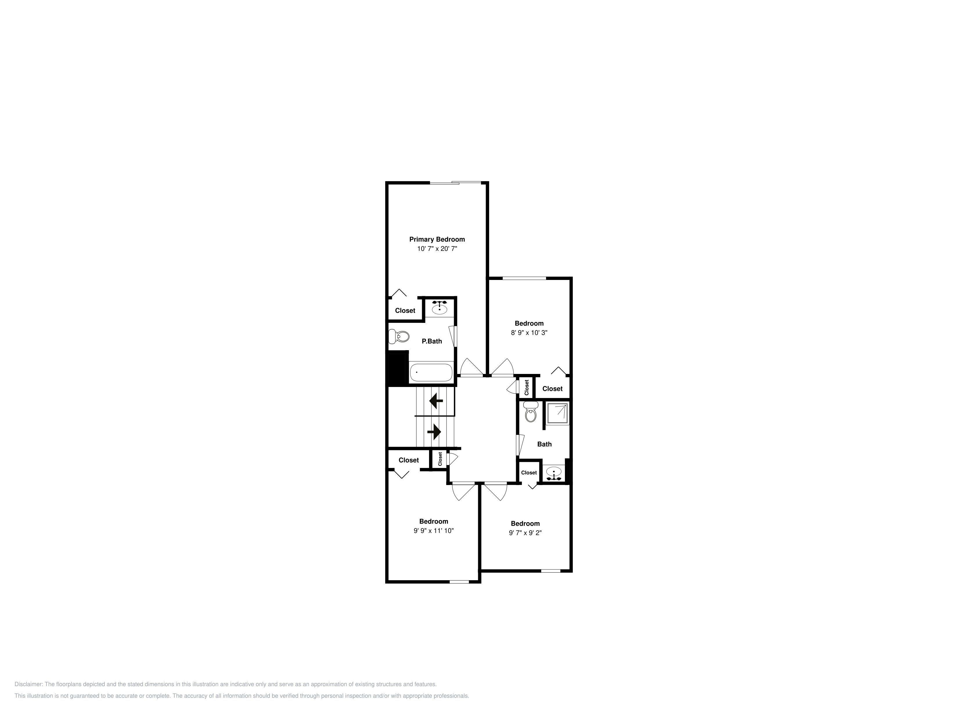 A floor plan with a primary bedroom, two smaller bedrooms, a bathroom, and closets.
