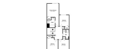 A floor plan with a primary bedroom, two smaller bedrooms, a bathroom, and closets.