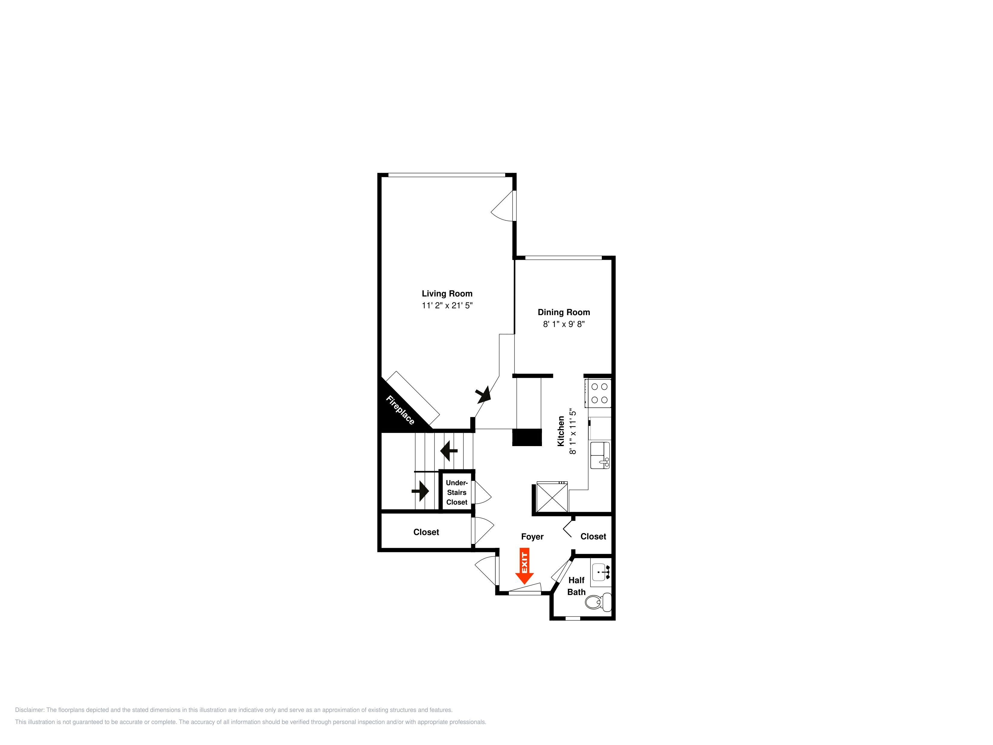 A floor plan with a living room, dining room, kitchen, closet, under-stairs closet, foyer, and half bath.
