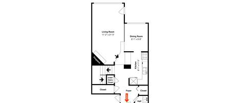 A floor plan with a living room, dining room, kitchen, closet, under-stairs closet, foyer, and half bath.