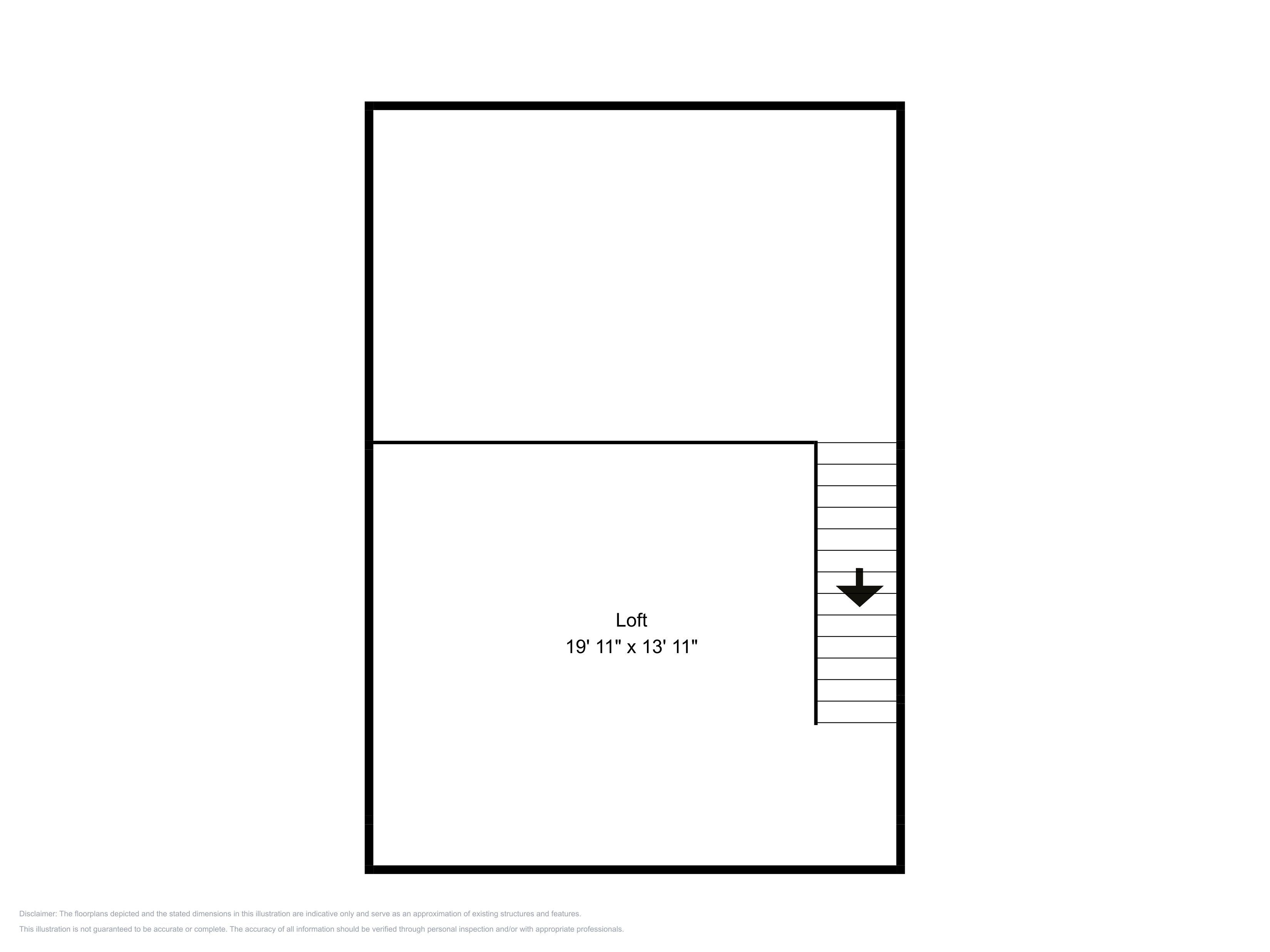 Distribución de habitación tipo loft con dimensiones de 5,9 metros por 4,1 metros.
