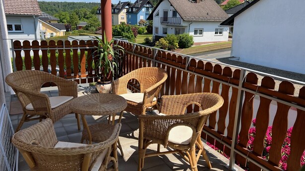A balcony with wicker furniture and a potted plant.