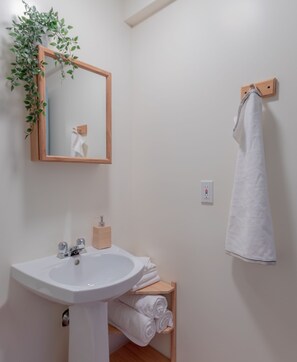 Habitación Confort doble | Baño | Secador de pelo, toallas, jabón y champú