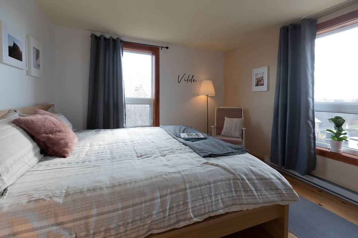 A bedroom with a large bed, a bedside lamp, a window with curtains, and a small potted plant.