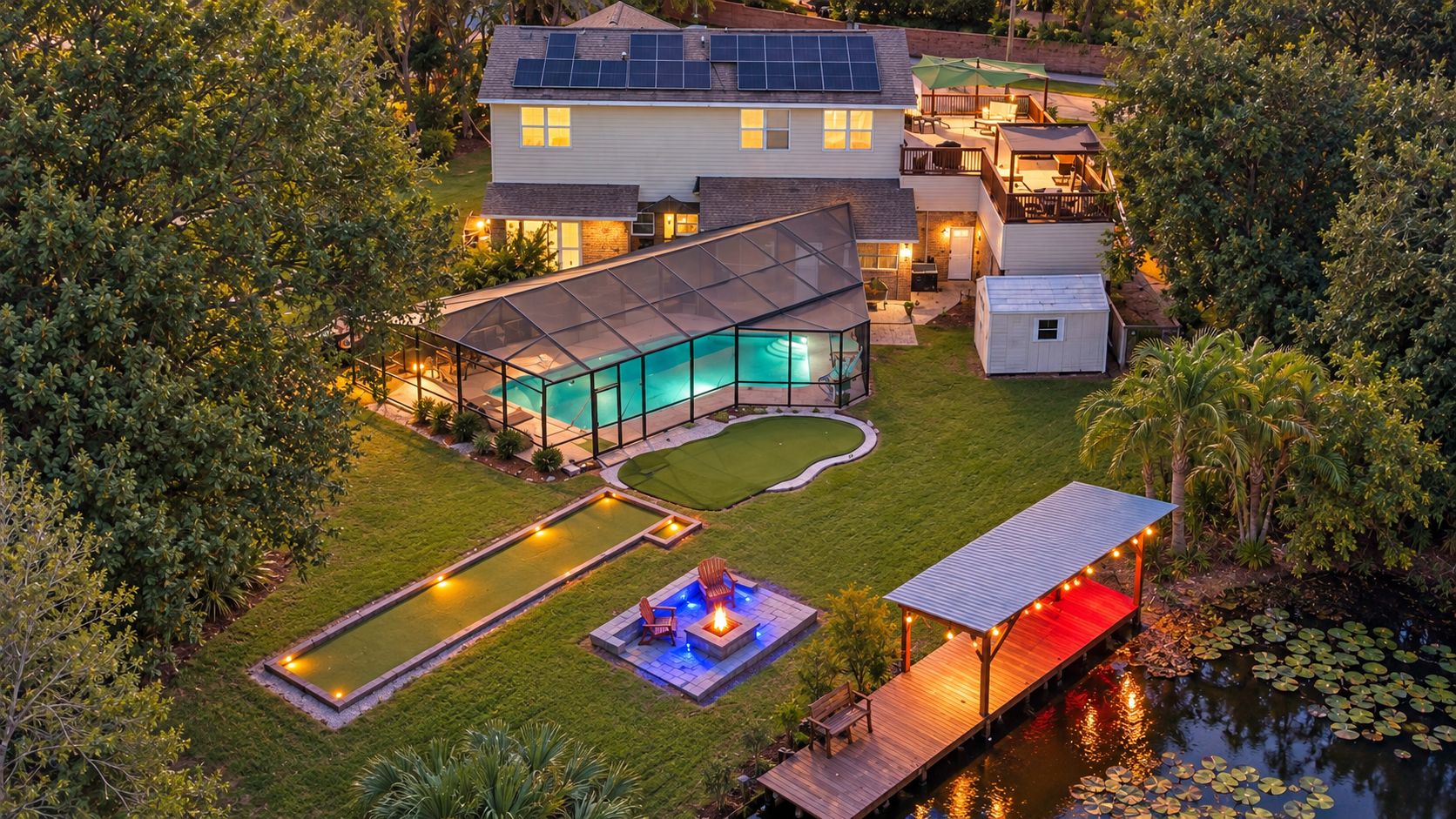 Una propiedad residencial con piscina, patio cubierto y jardín ajardinado.