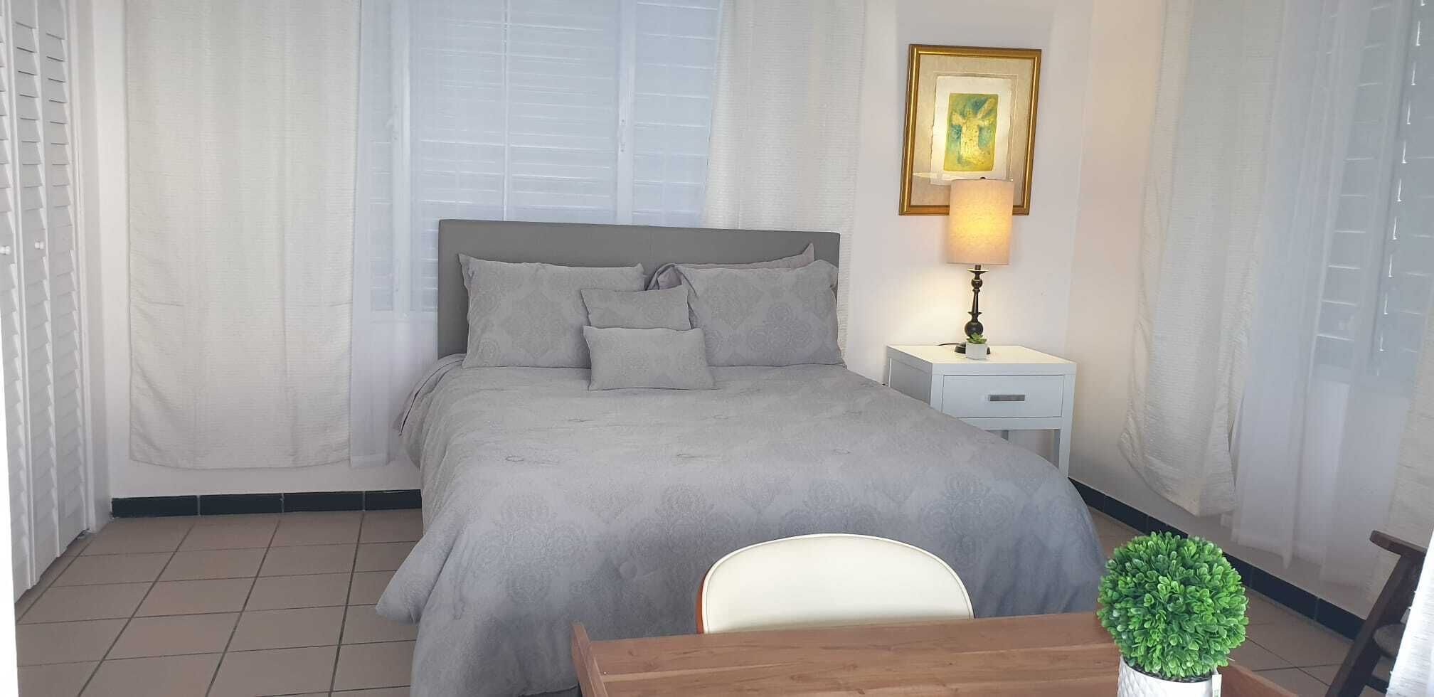 Une chambre à coucher avec un lit, une table de chevet, une lampe et une petite plante en pot.