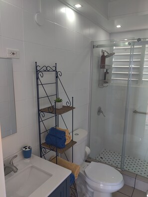 A bathroom with a white sink, toilet, and glass-enclosed shower. There is a metal shelf with towels and a small potted plant. - Mare Blu beach apt + private oceanfront terrace (Vega Baja)