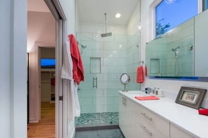 Shower, hair dryer, towels, soap