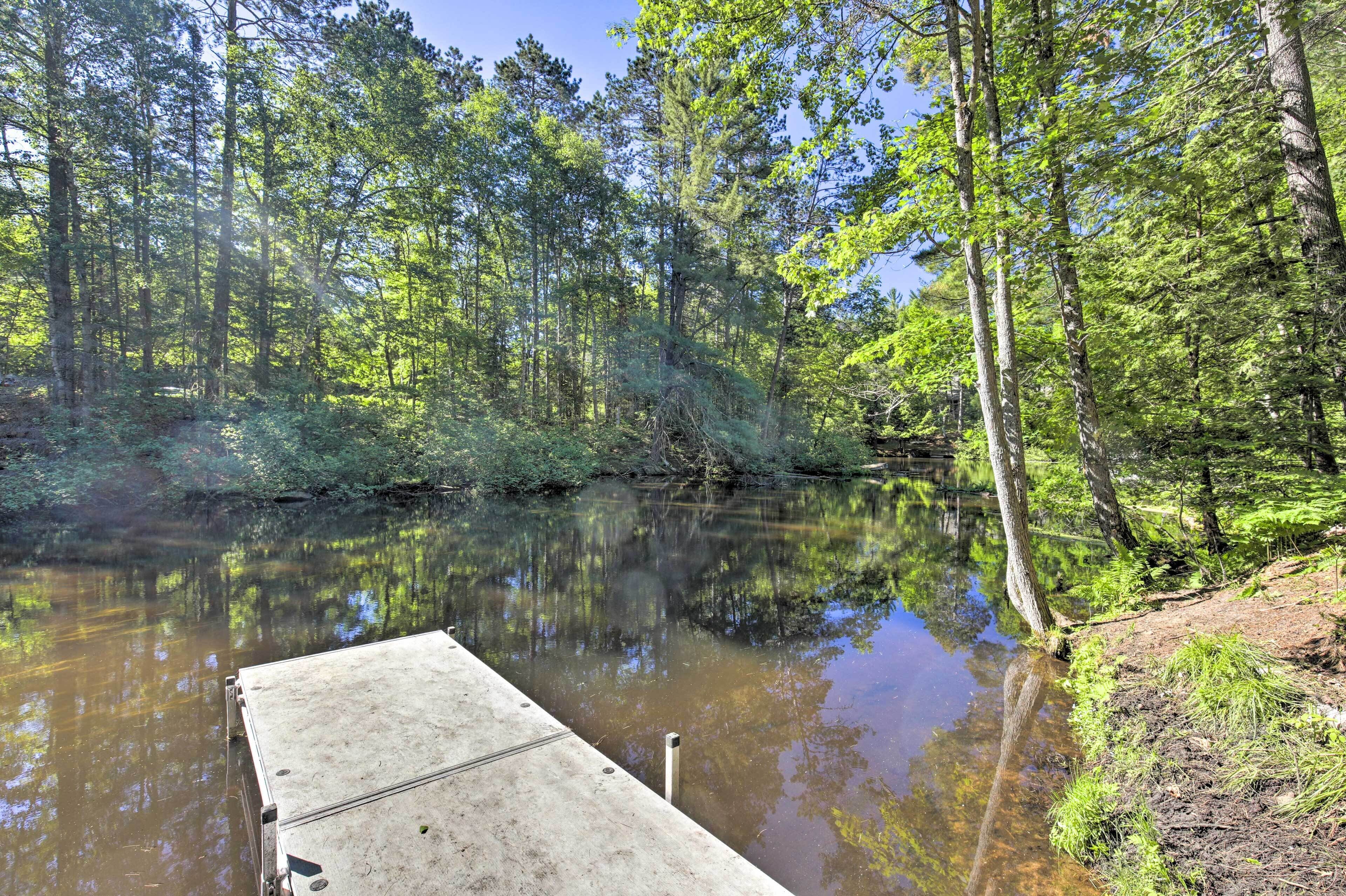 Un quai en béton s’étendant dans une rivière paisible, entouré d’une forêt dense.