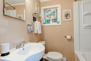 Combined shower/tub, hair dryer, towels, soap