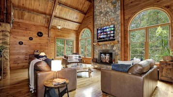 Smart TV, fireplace, books, computer monitors