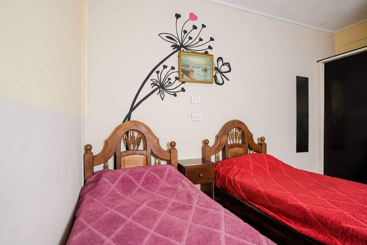 Une chambre avec deux lits en bois, une décoration murale et une porte.