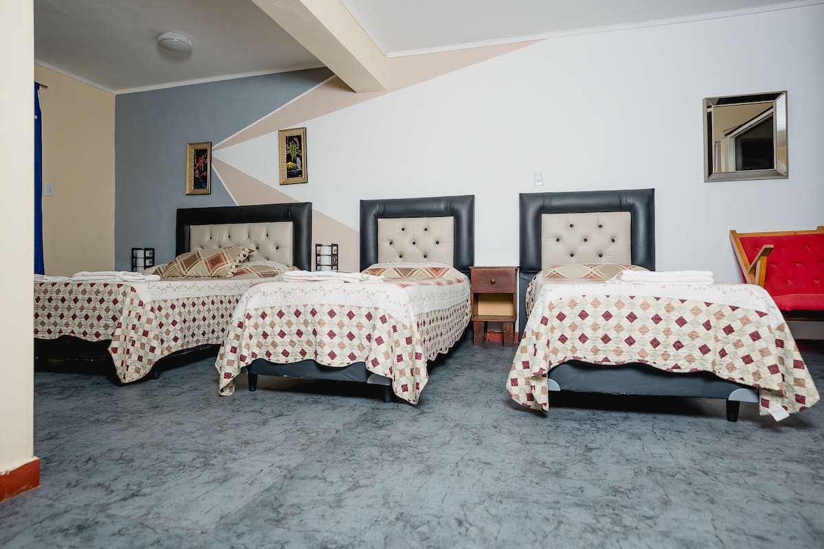 Une chambre d’hôtel avec trois lits, chacun agrémenté d’une couvre-lit à motifs et d’une tête de lit. La chambre est également équipée d’une petite table et d’une chaise.