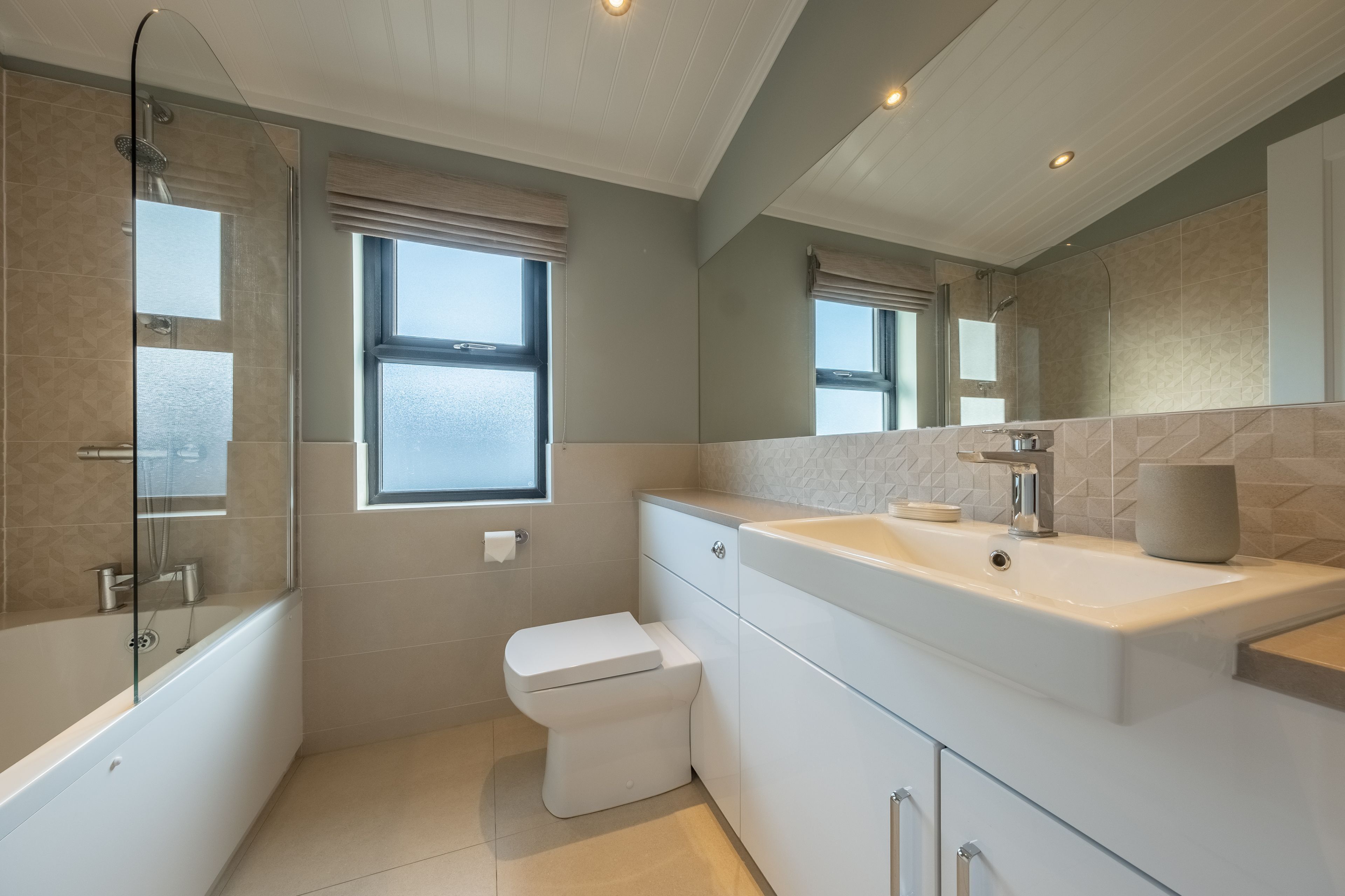 A modern bathroom with a glass-enclosed shower, a white toilet, a large sink, and a mirror above the sink.