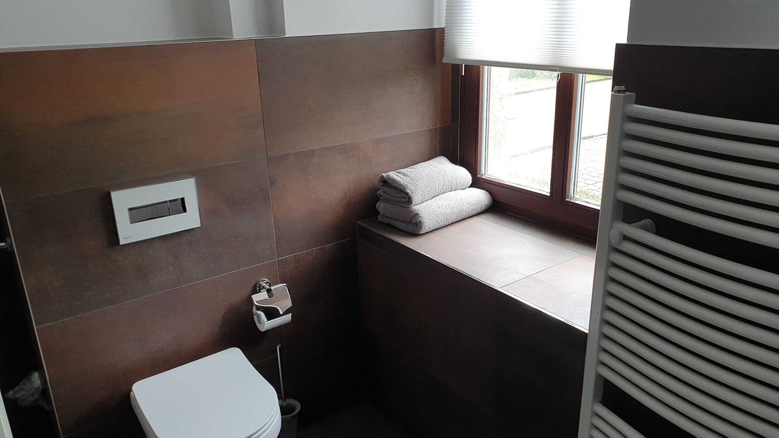 Ein Badezimmer mit Toilette, Handtuchhalter und einem Fenster.