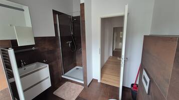 Shower, towels, toilet paper