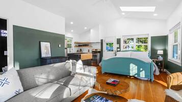 TV, fireplace, books, music library